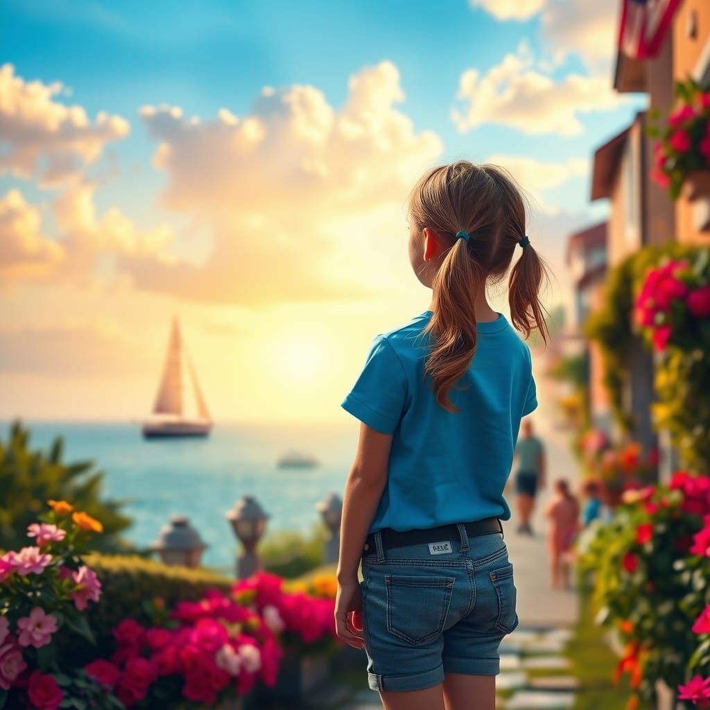 Girl in Sunlit Scene, Matte Painting Style