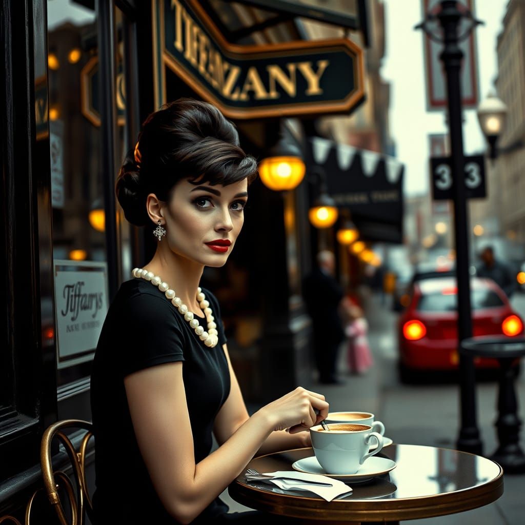 Audrey Hepburn in Hyperrealistic HDR Style, Breakfast Outsid...