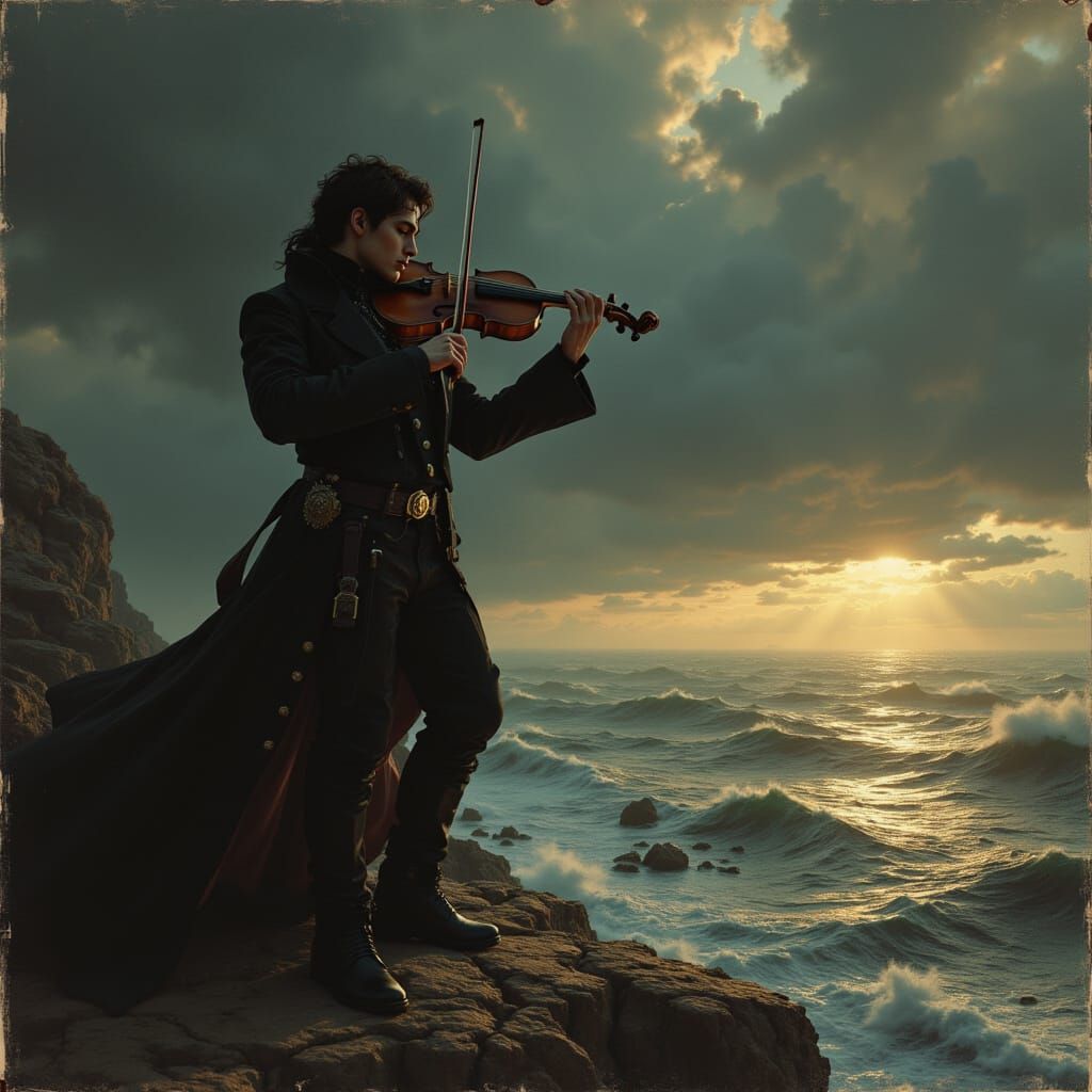 Musician on Cliff Overlooking Stormy Sea