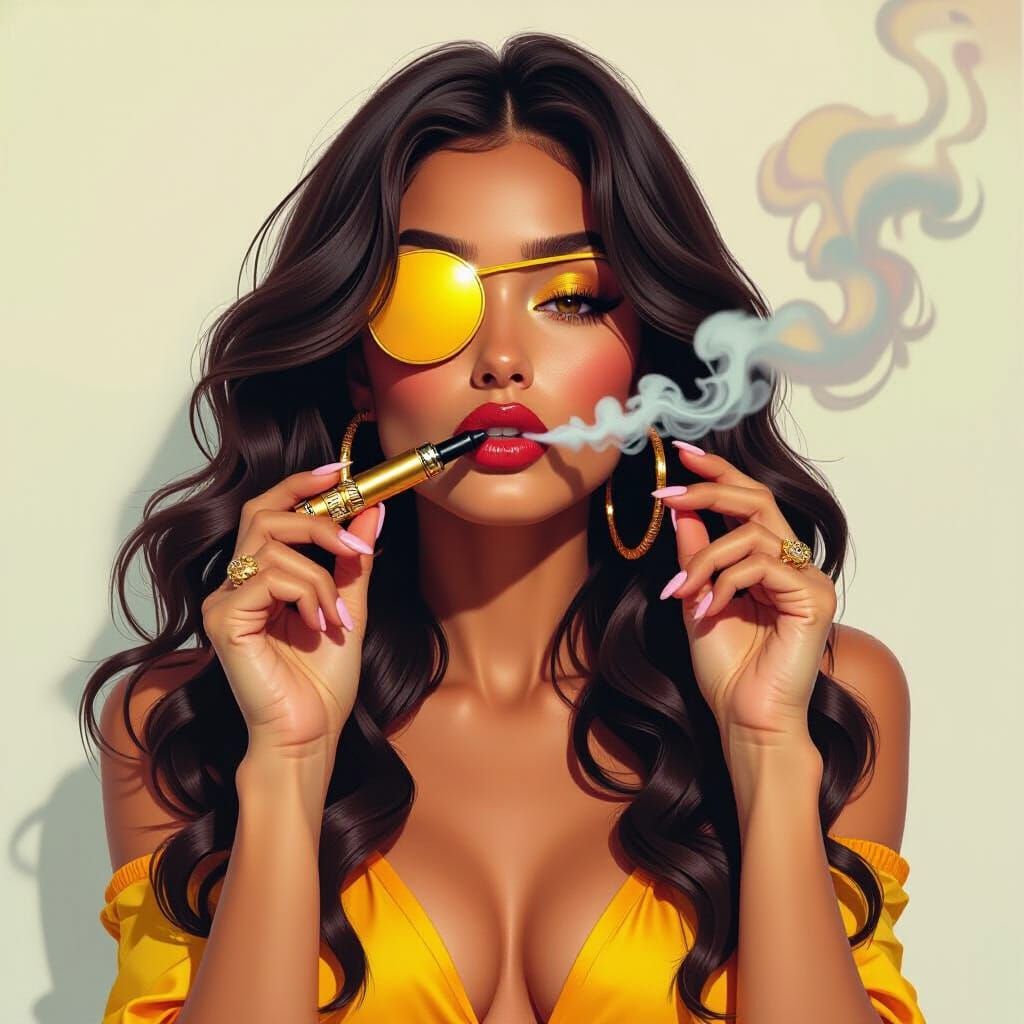 Woman with Yellow Eyepatch Blowing Vape Smoke