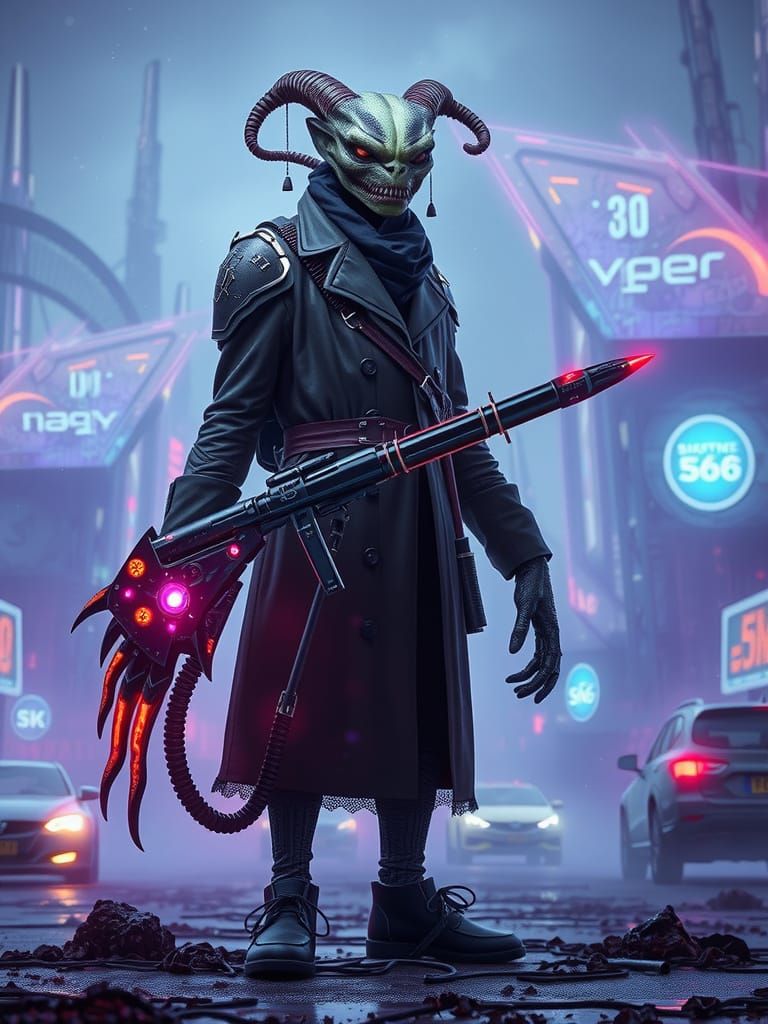 Alien Horror Creature in Cyberpunk Cityscape