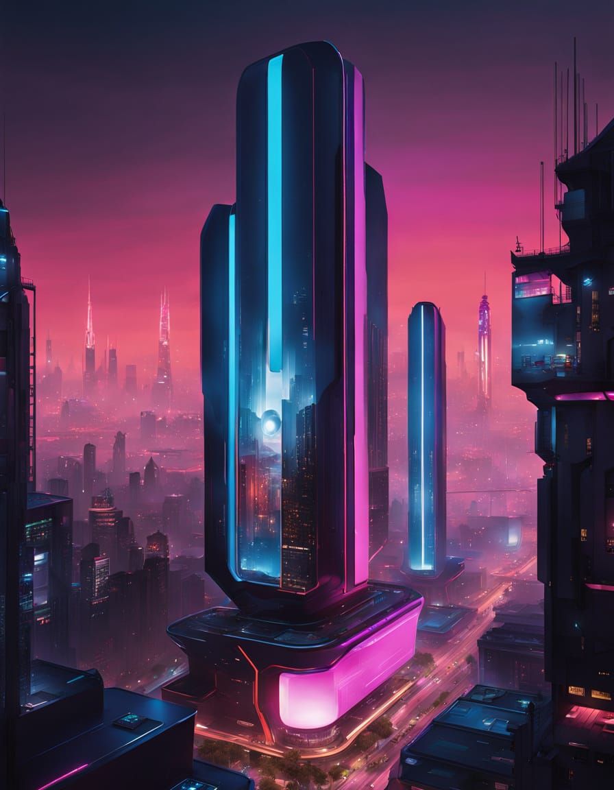 Cyberpunk Cityscape at Night with Neon Lights