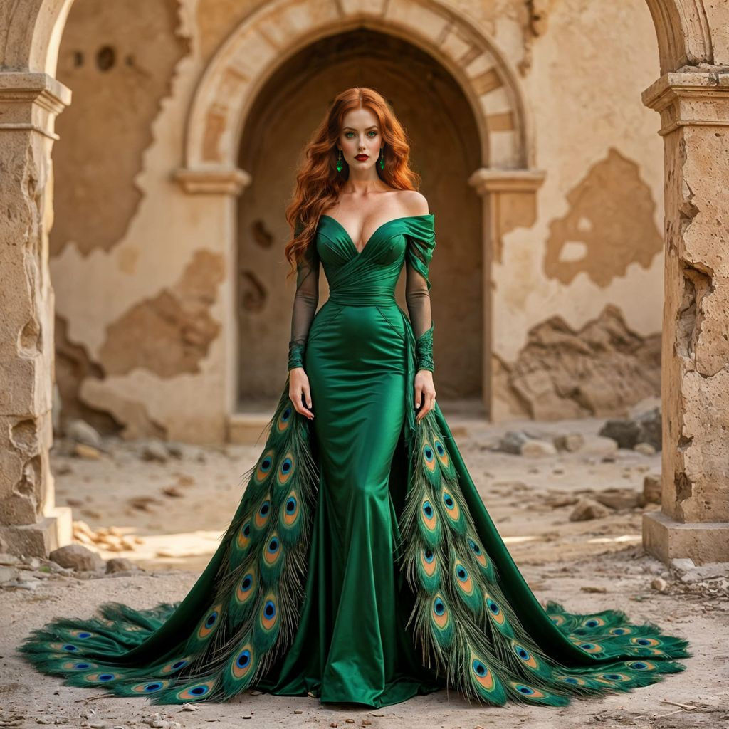 Emerald Gown in Dilapidated Castle, Art Nouveau