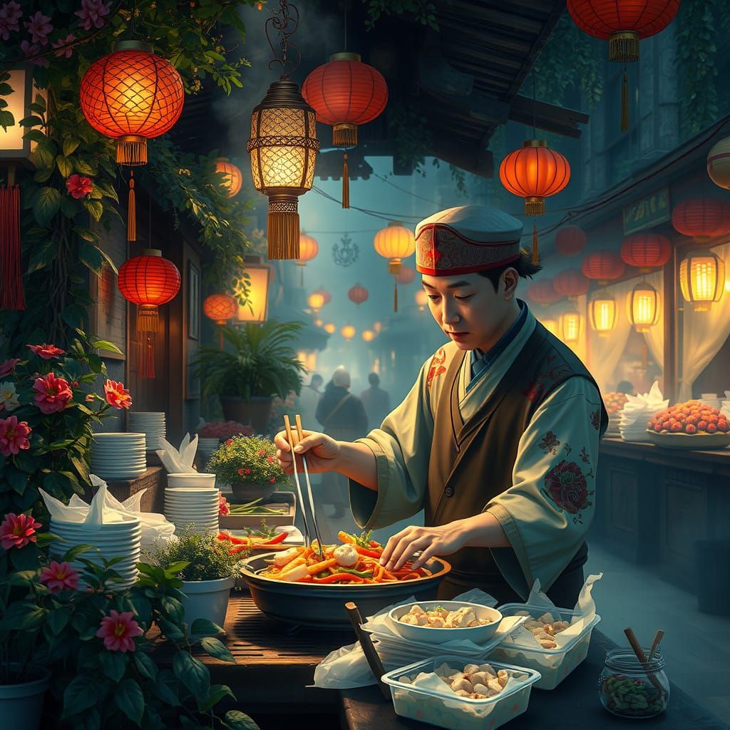 Ancient Market Vendor Prepares Wholesome Stir-Fry in Enchant...