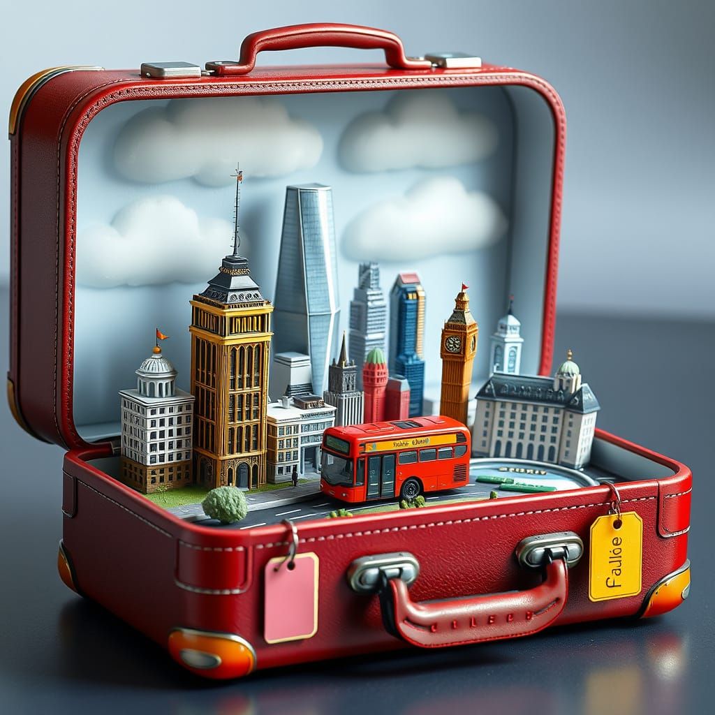 Detailed Mini London Skyline in Open Suitcase