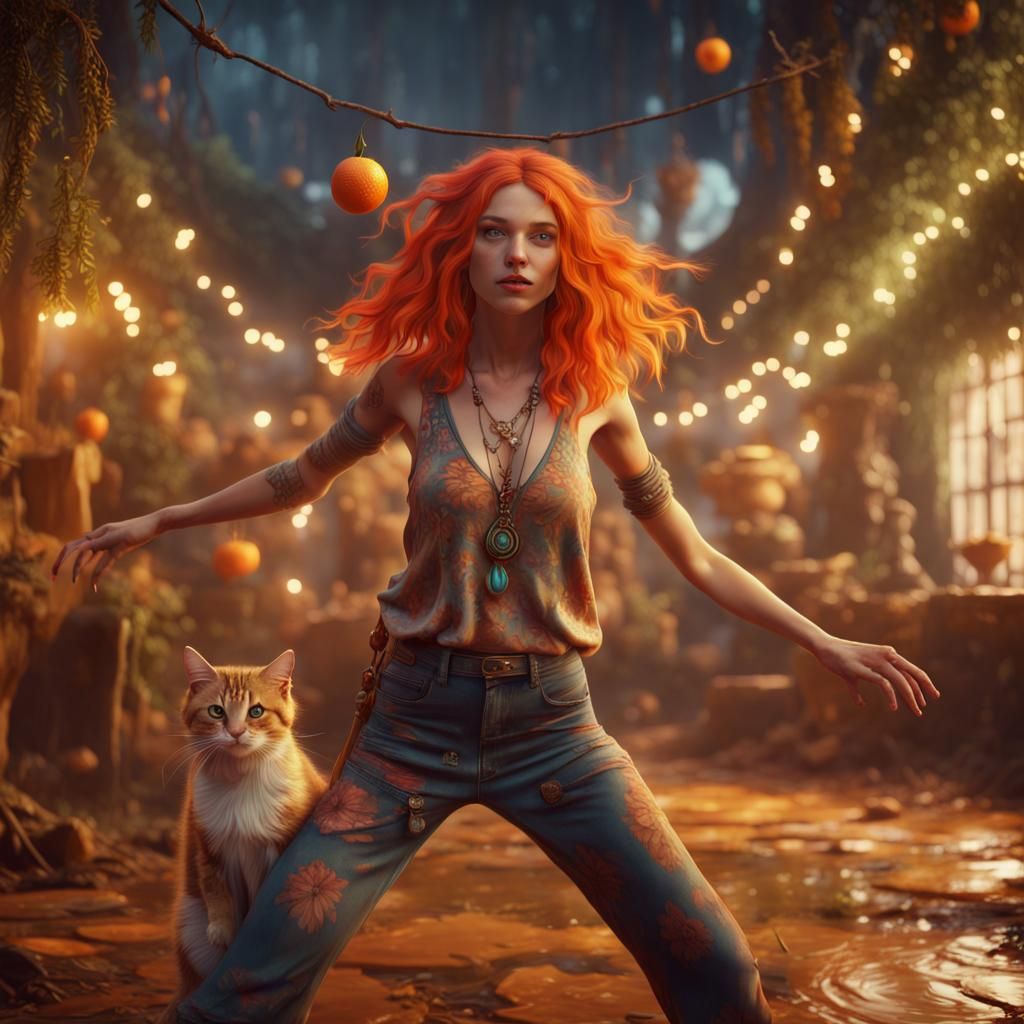 Hippy Girl Dancing with Cat: Fantasy Concept Art