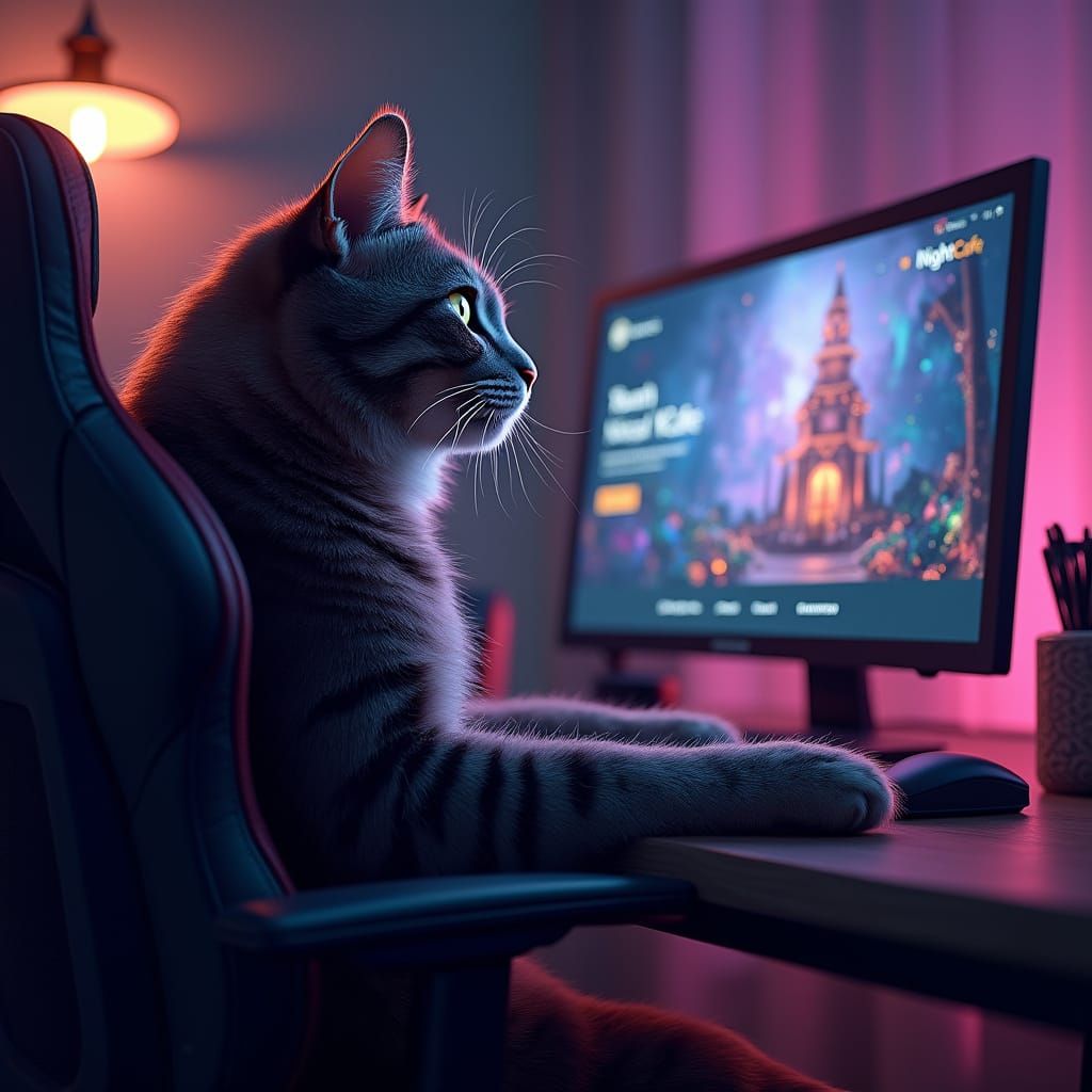 Cat Gamer Viewing NightCafe in Dynamic Fantasy Style