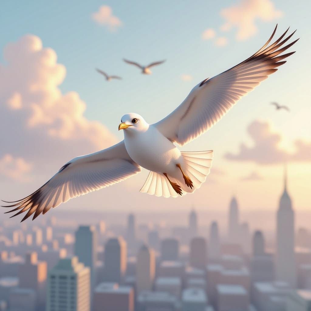 Seagull Soaring Over Cityscape in Pastel Watercolour Style