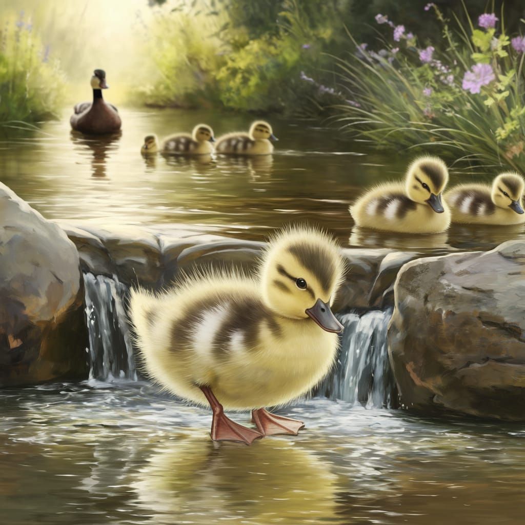 Little yellow fluffy duckling on a river trying to get down ...
