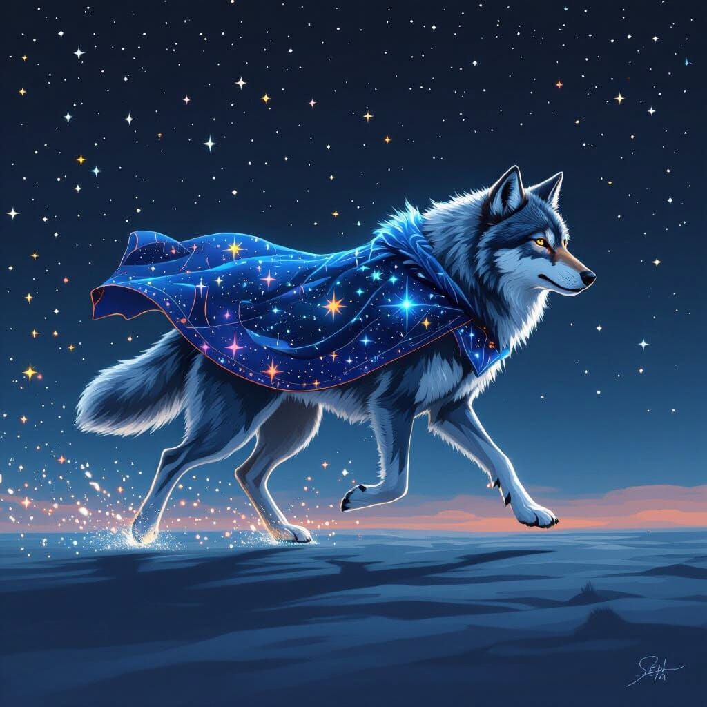 Celestial Wolf Running Through Starry Night Sky