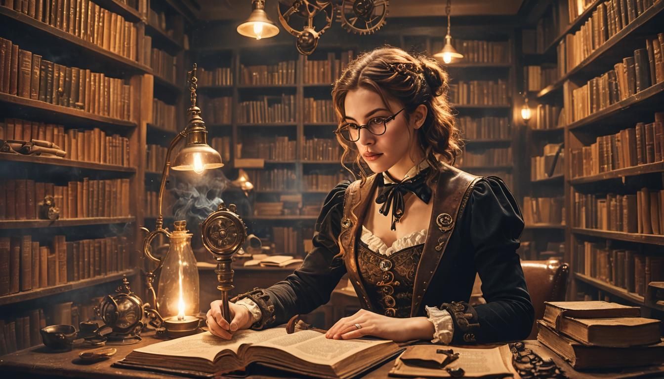 Clockpunk Librarian Studying Magic in Golden Light