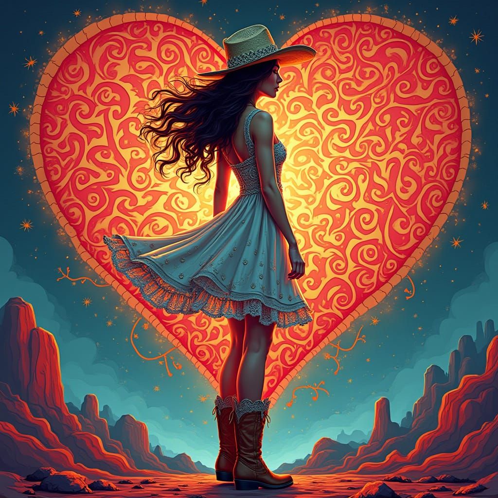 Cowgirl Woman in Vibrant Heart Scene, Cyberpunk Digital Art