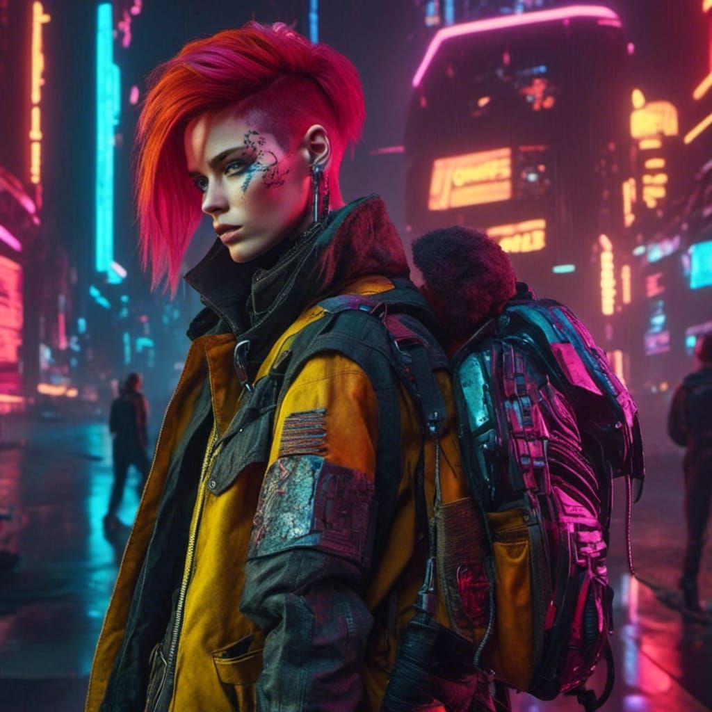 Cyberpunk Red-Haired Punk Rocker with Tattoos