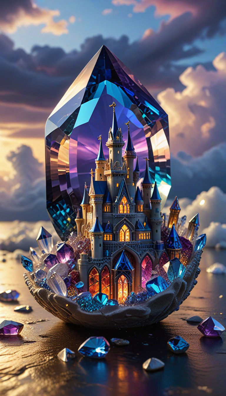 (Geometric patterns) made of jewels come together forming An (oblique detailed closeup) of a sand castle composed of shi...