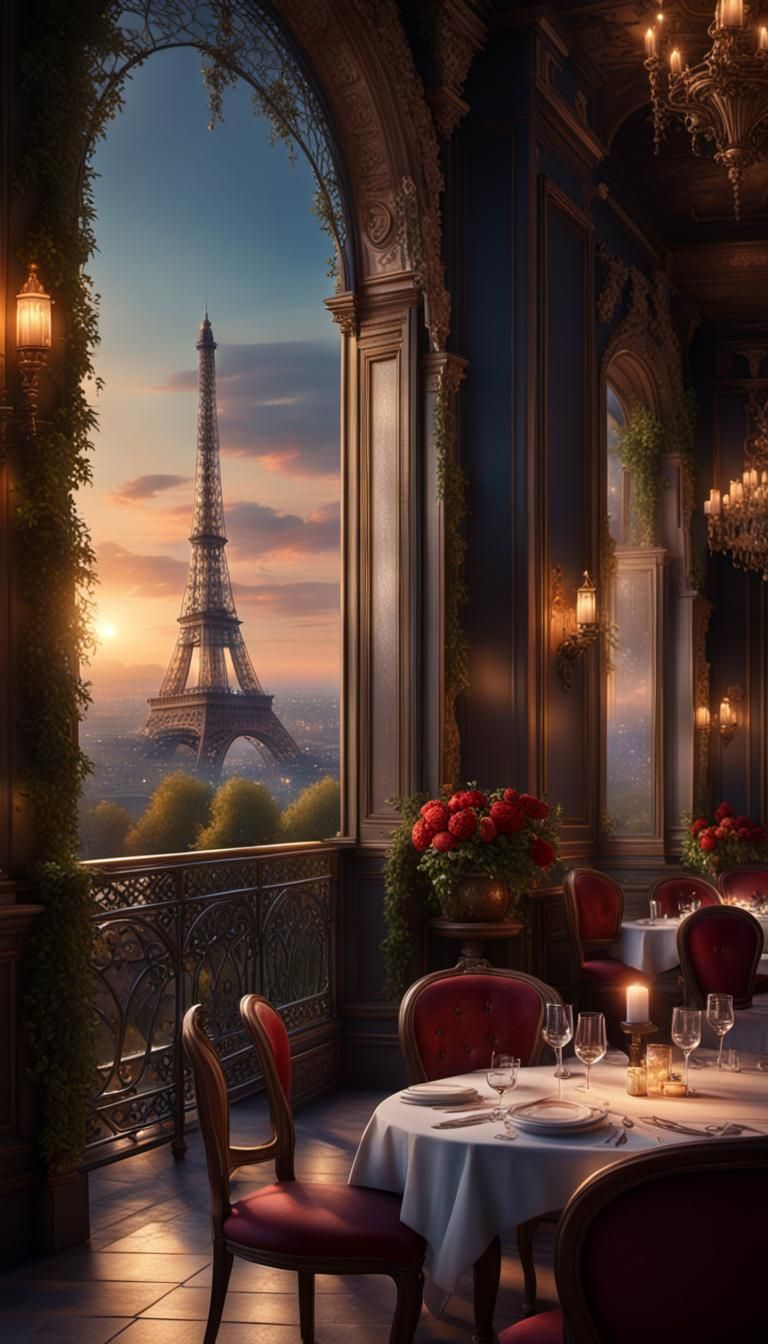 Cena a la luz de vels en un elegante restaurante parisino con detalles románticos en la anbientación, intrincadamente de...
