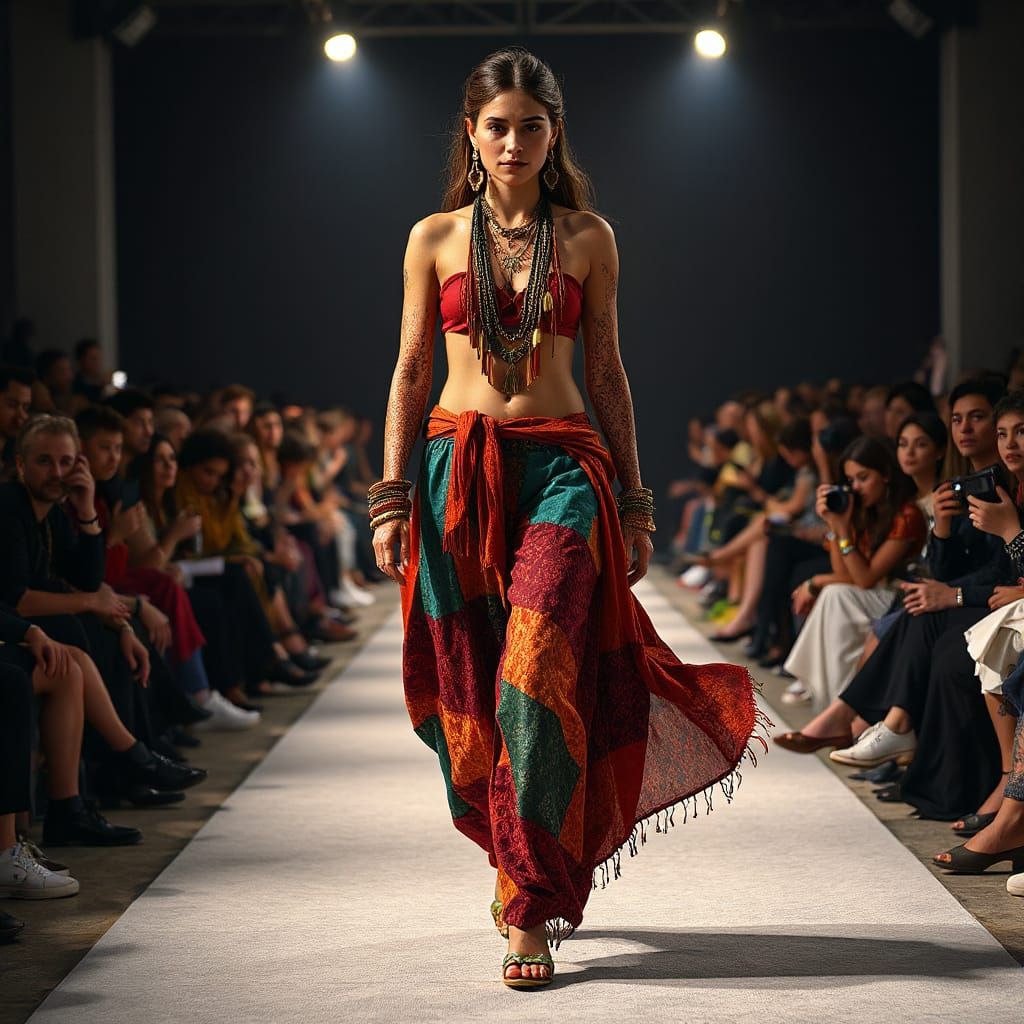 Exotic Bohemian Model Struts Runway in Colorful Henna Design...