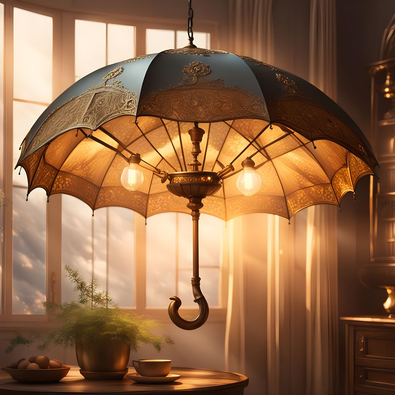 Unconventional Umbrella Lamp in Illuminated Living Room