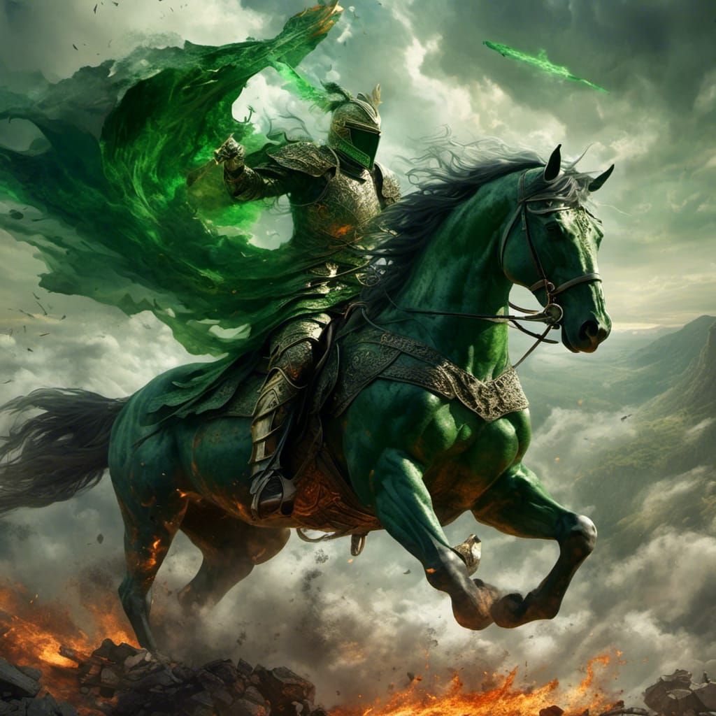 Green Knight Battles Dragon in Hyperreal Style
