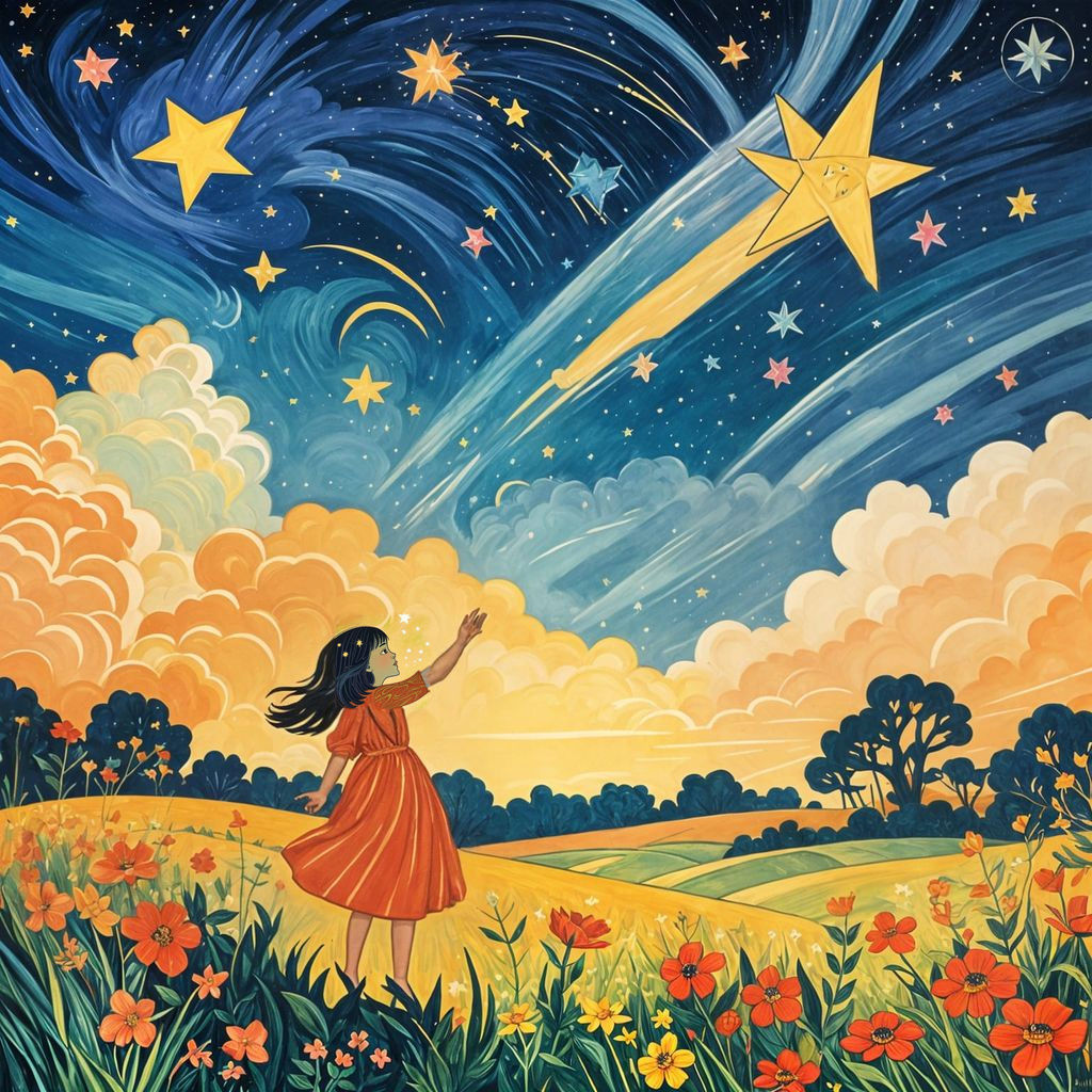 Vibrant Fauvist Girl Enjoys Starry Meadow Night