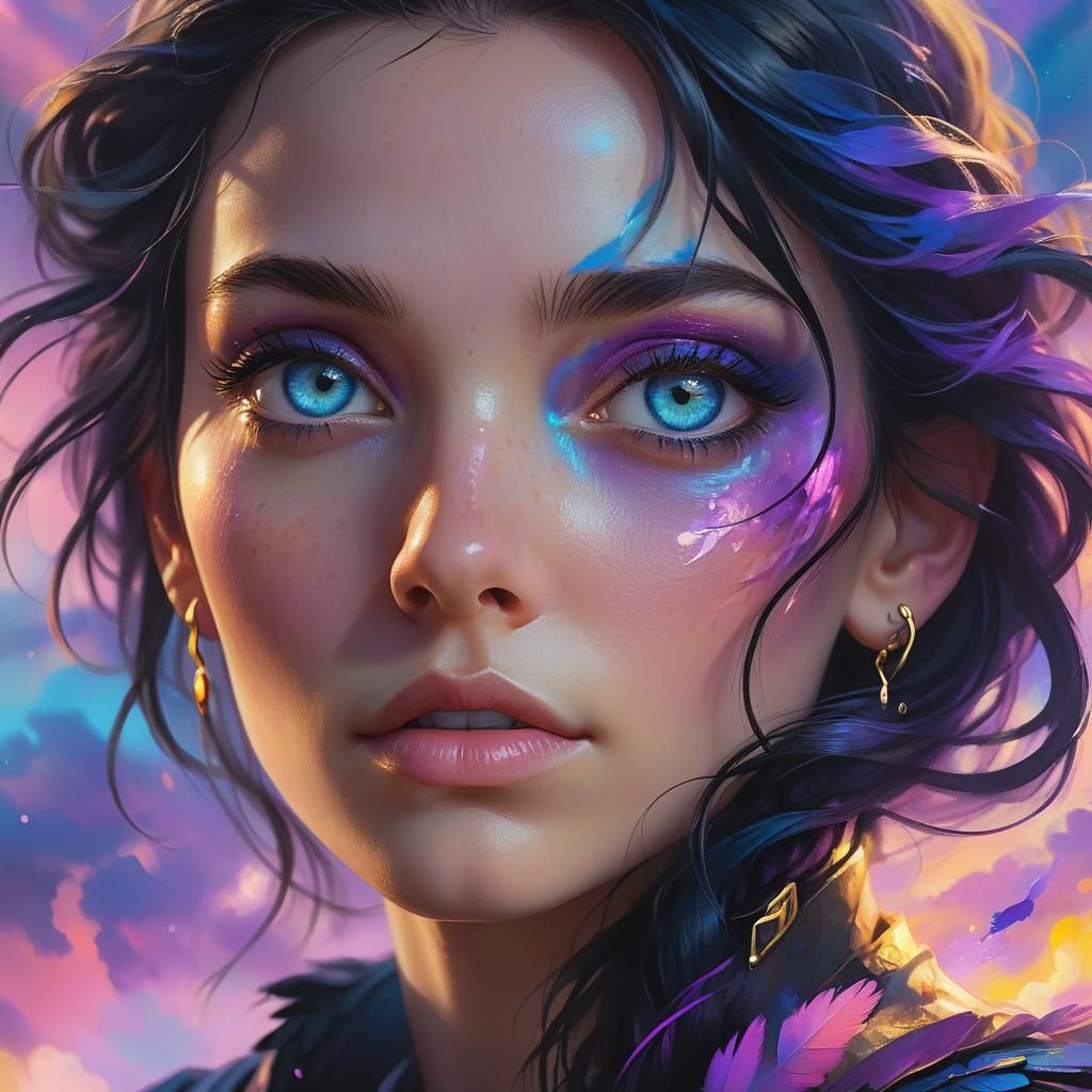 Intense Gaze in a Colorful Dreamscape