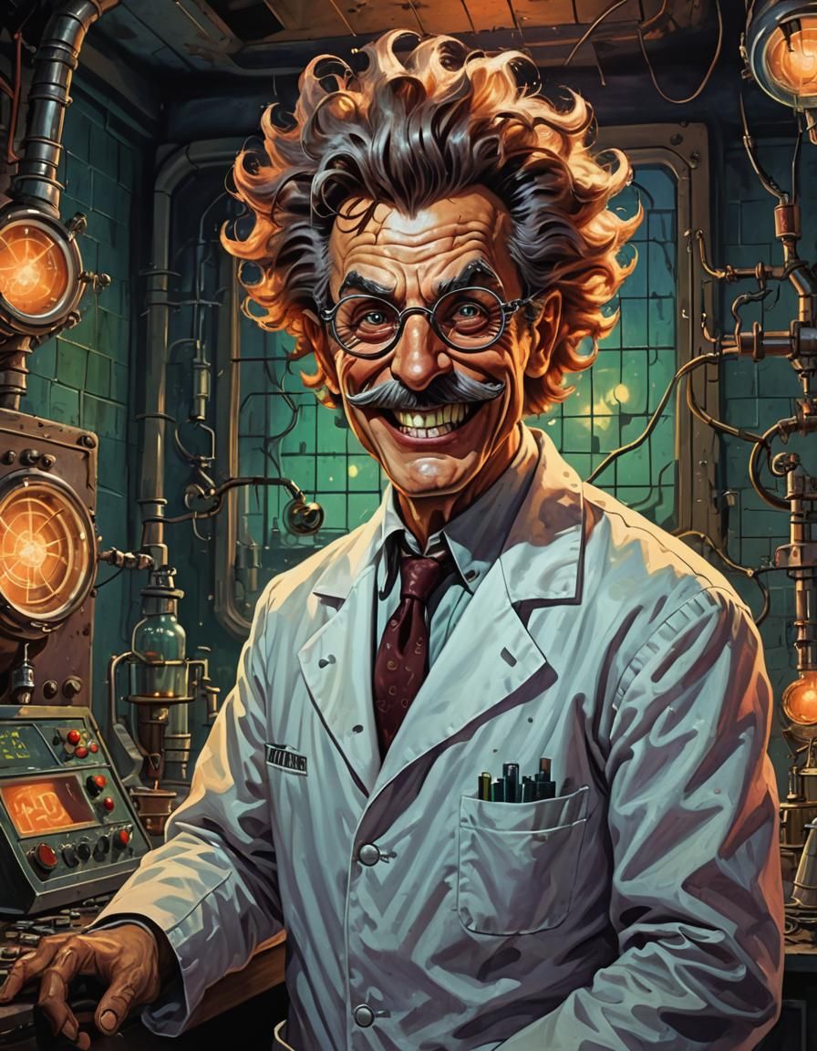 Evil Mad Scientist in Lair - Retro Horror Art