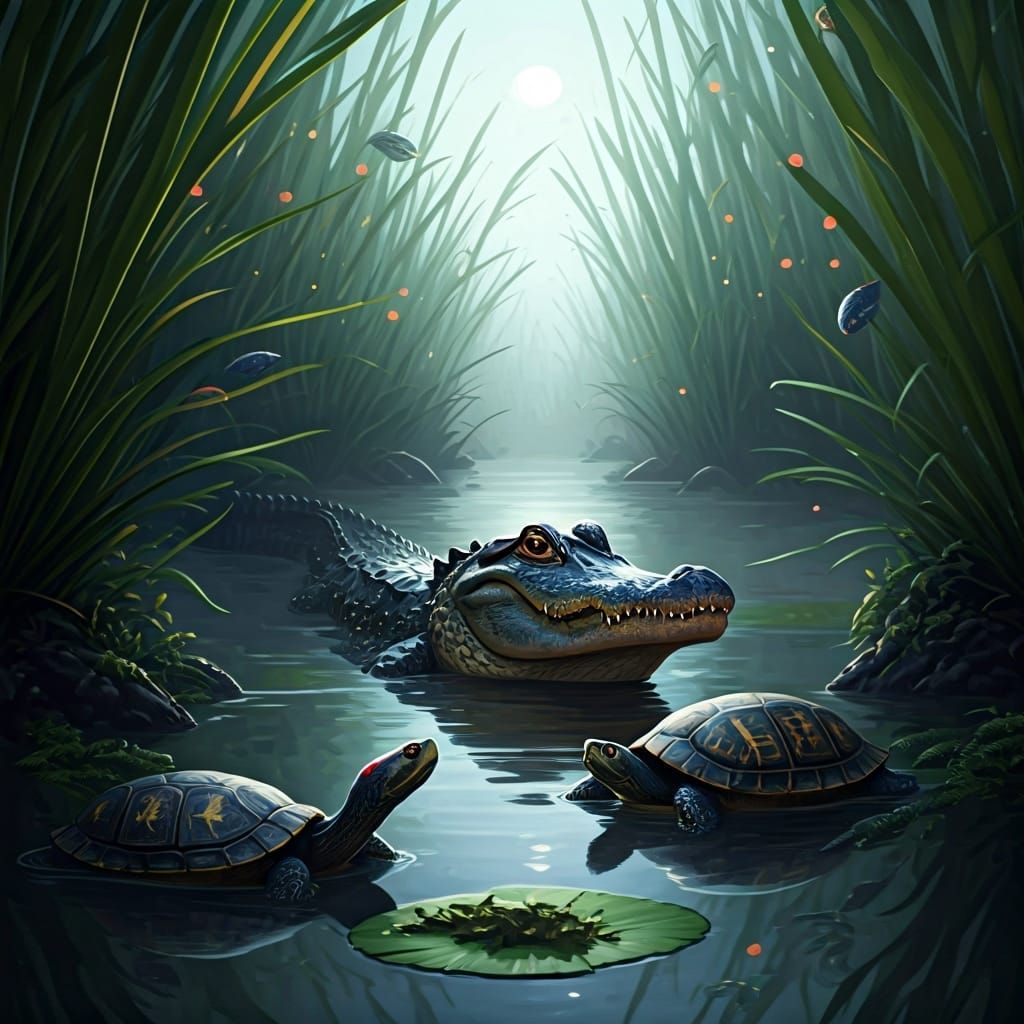 Alligator in Misty Wetlands: Ethereal Realism