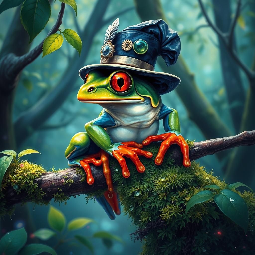 Tree Frog in Ascot Hat: Surreal Alcohol Ink Oil Painting