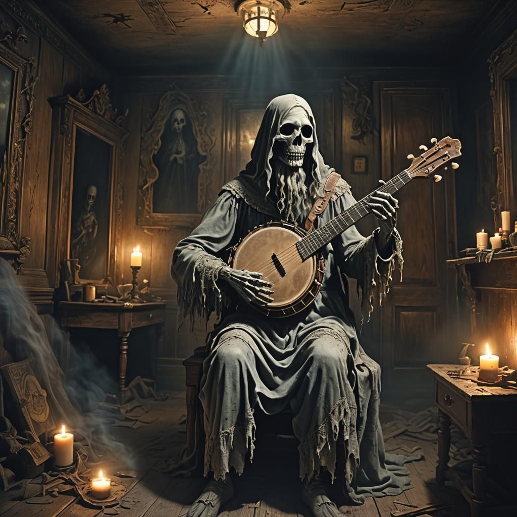 Ghostly Banjo Player in Dark Surrealism Style