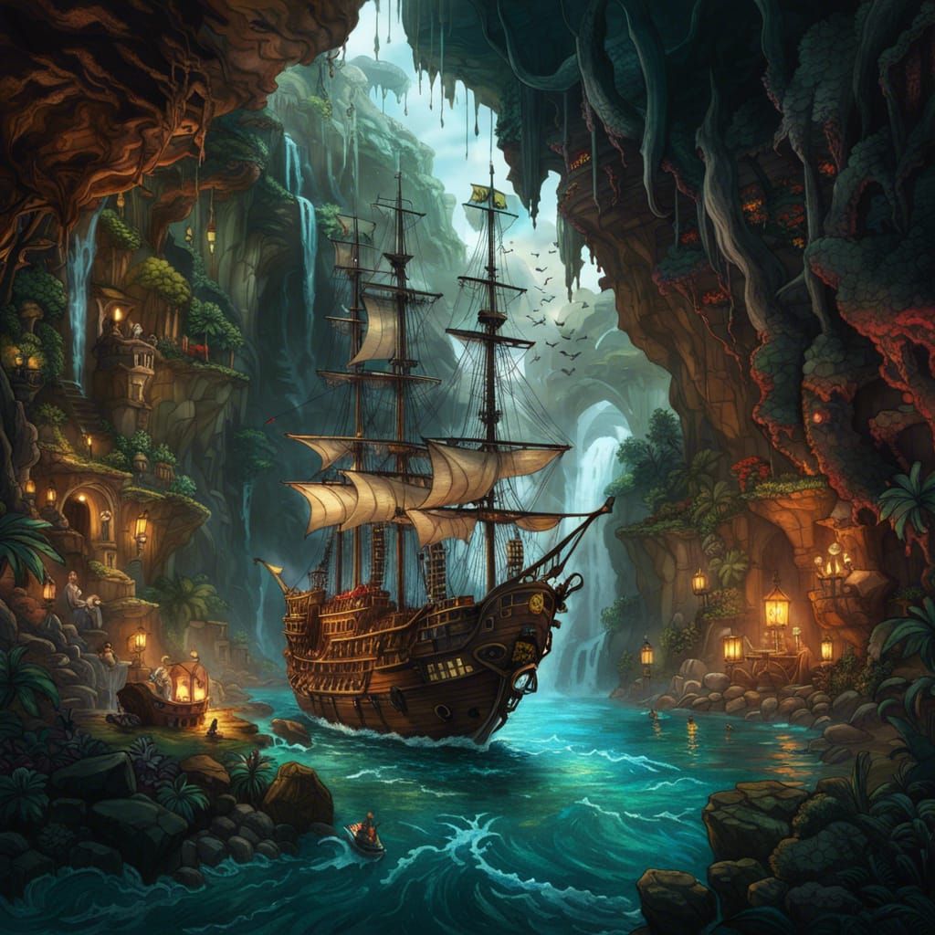 Pirate Ship in Waterfall Cave: Fantasycore Art