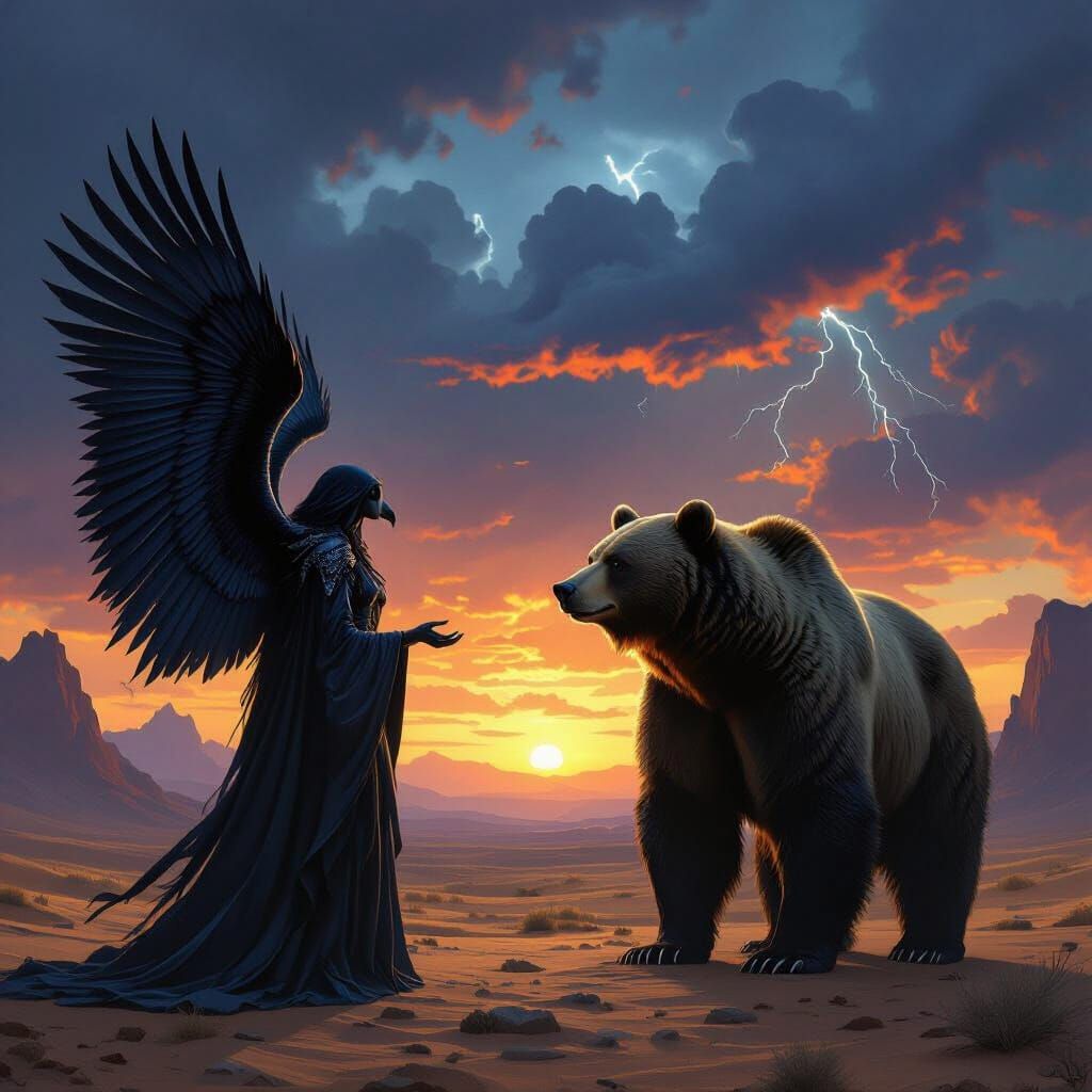 Raven Goddess and Grizzly Bear in Dramatic Desert Sunset