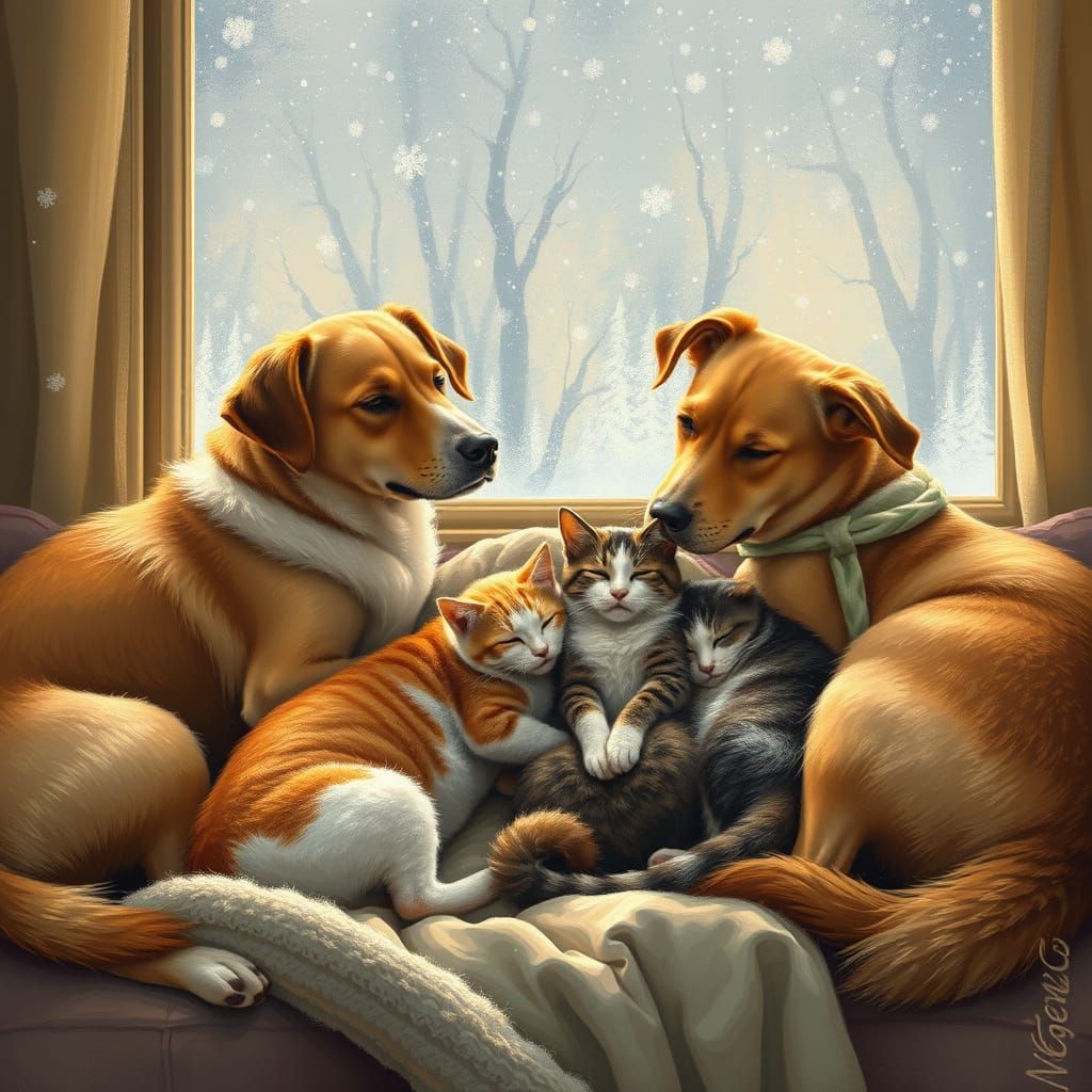 Peaceful Moment with Furry Friends in Winter Wonderland