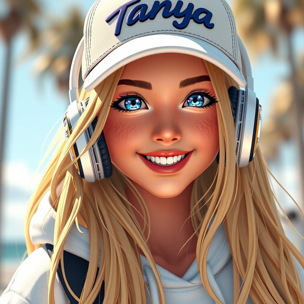 Smiling Girl with Headphones in Anime Art Style