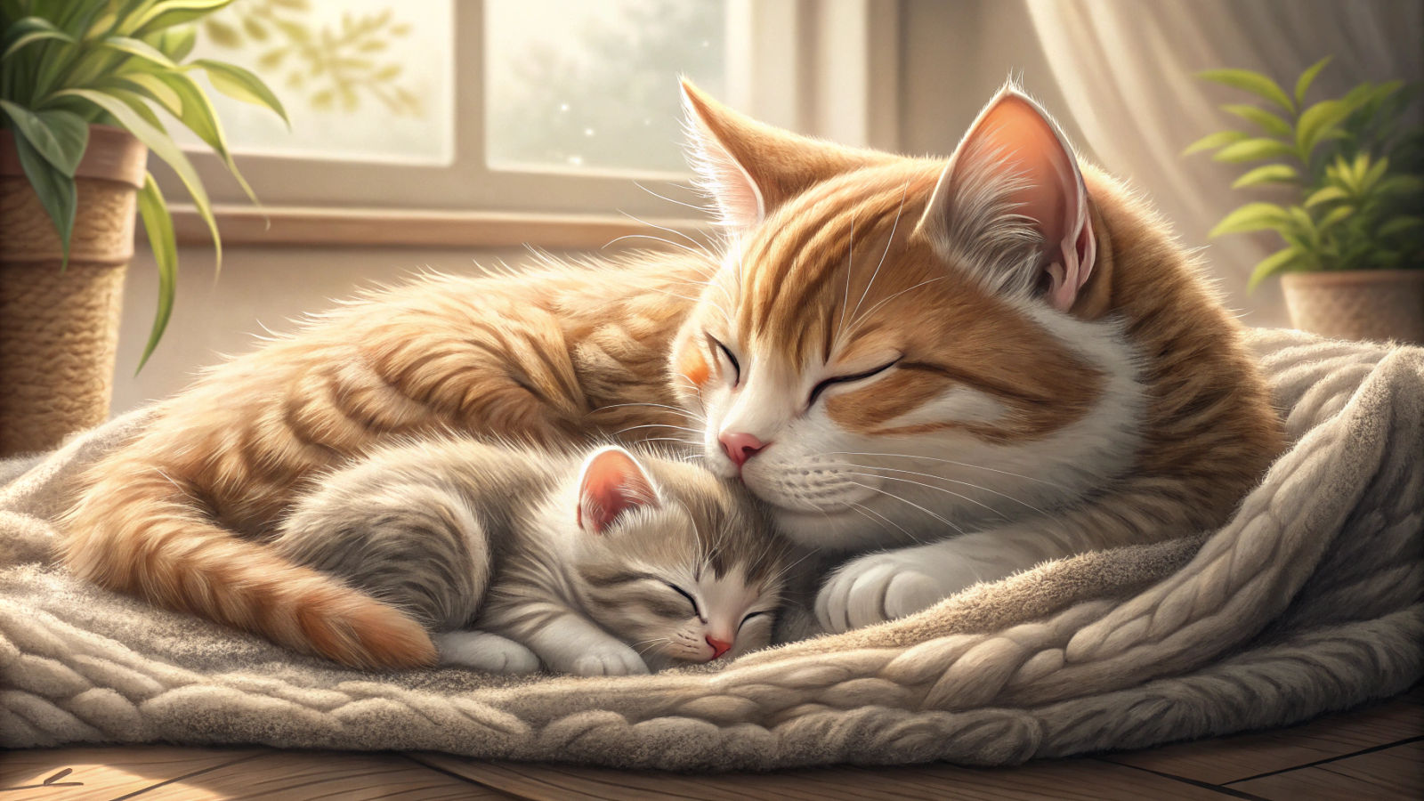 Kitten Snuggling with Mom: A Heartwarming Feline Moment