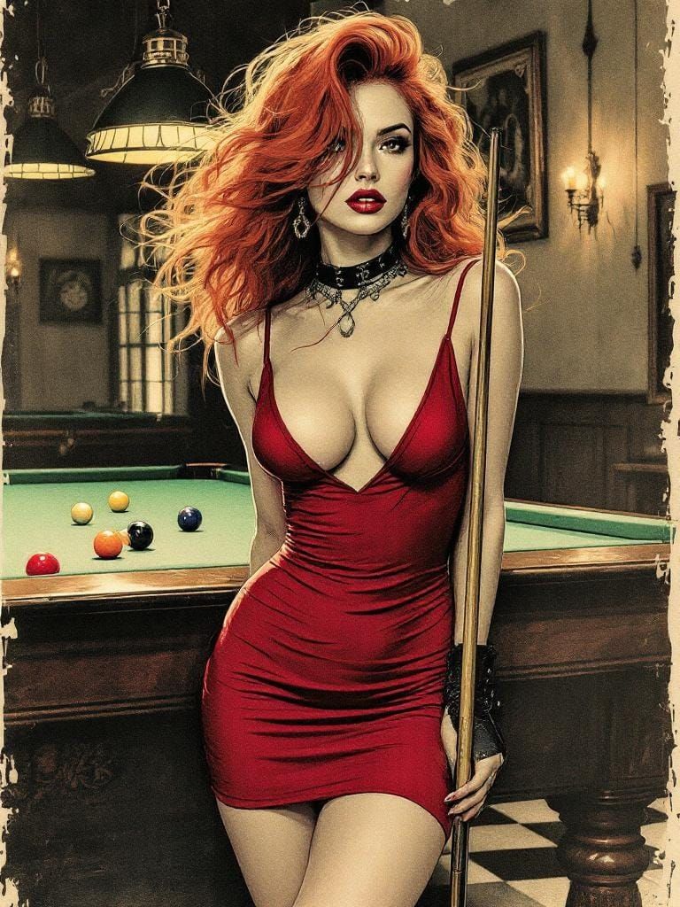 Elegant Woman in Pool Hall, Fine Linework Art