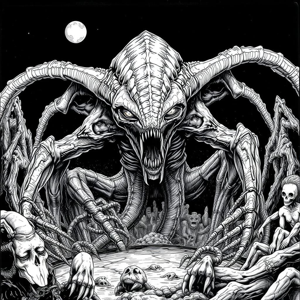 Menacing Alien Monster in Black and White Line-Art