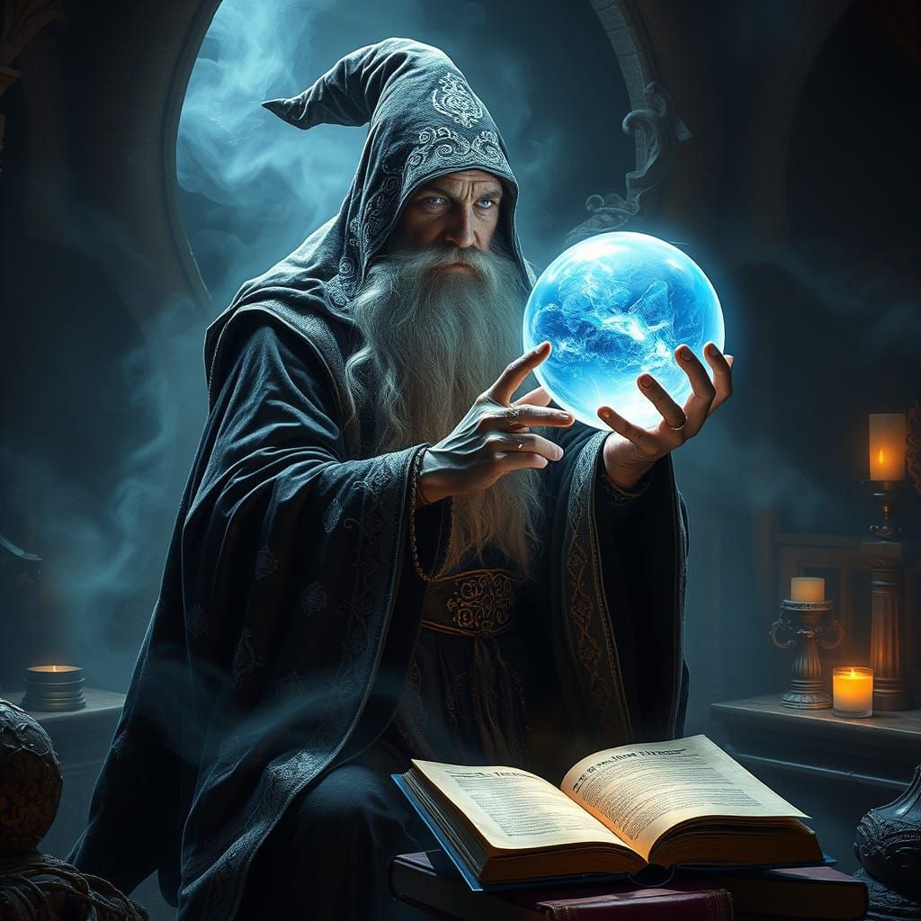 Mystical Wizard in Neon-Lit Chamber