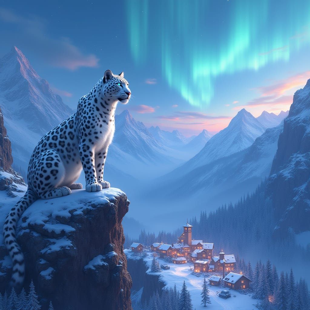 Majestic White Leopard Surveys Alpine Village Amidst Aurora ...