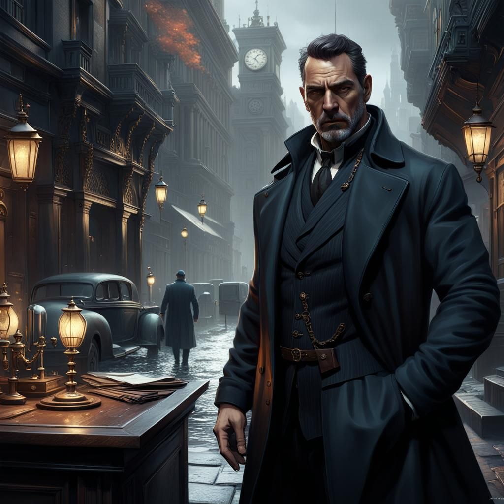 Elegant Investigator in Dark Clothing as Matte Painting