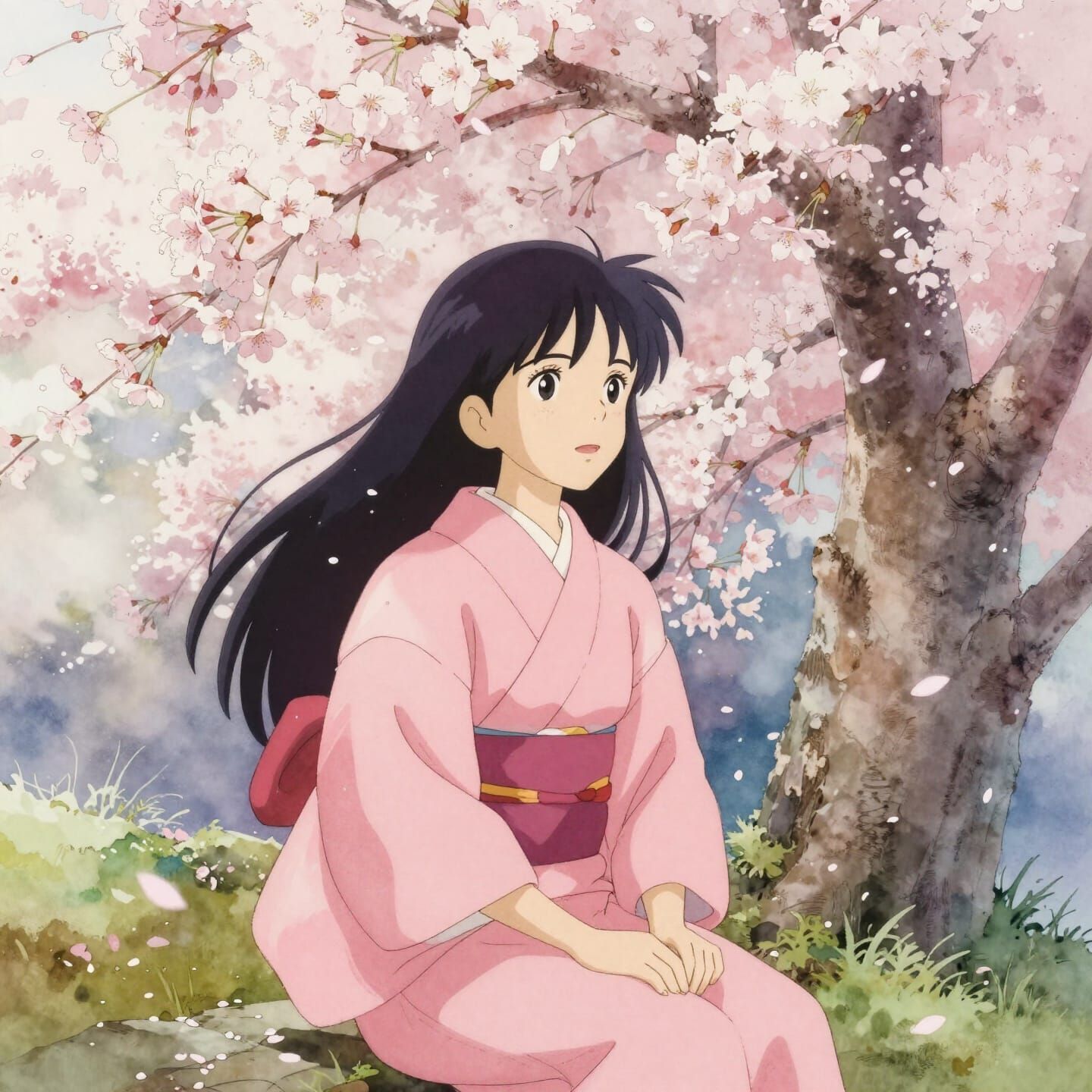 Japanese Girl Under Sakura Tree in Watercolor Style