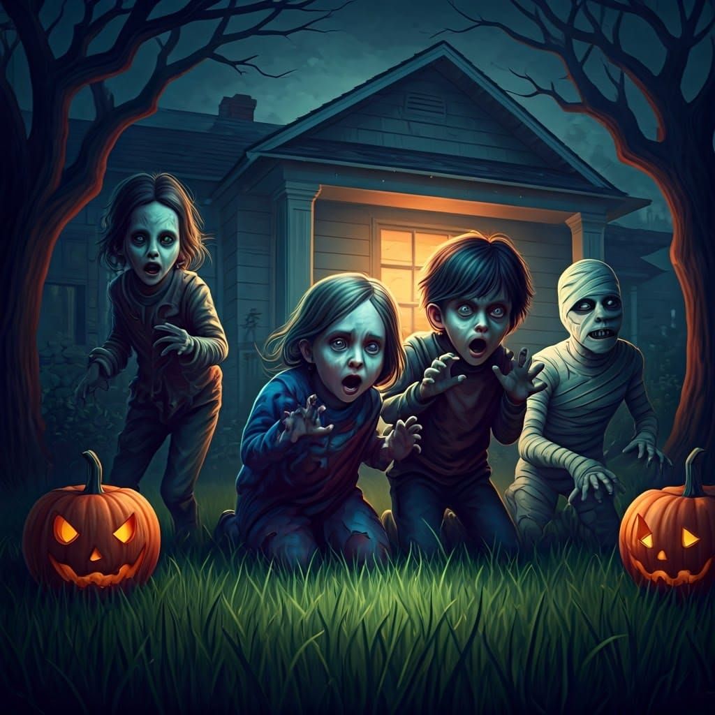 Frightened Trick-or-Treaters Hide in Optical Illusion Scene