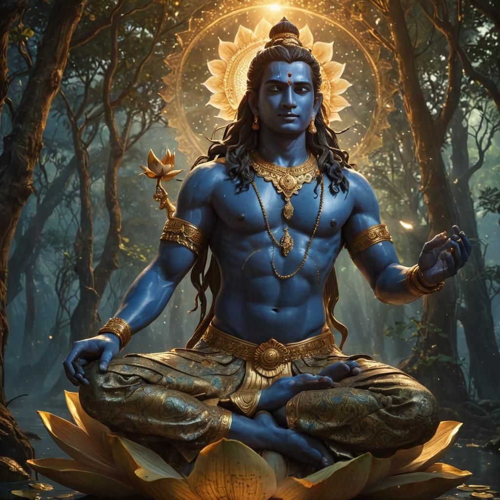 Lord Vishnu in a Dreamlike Golden Landscape