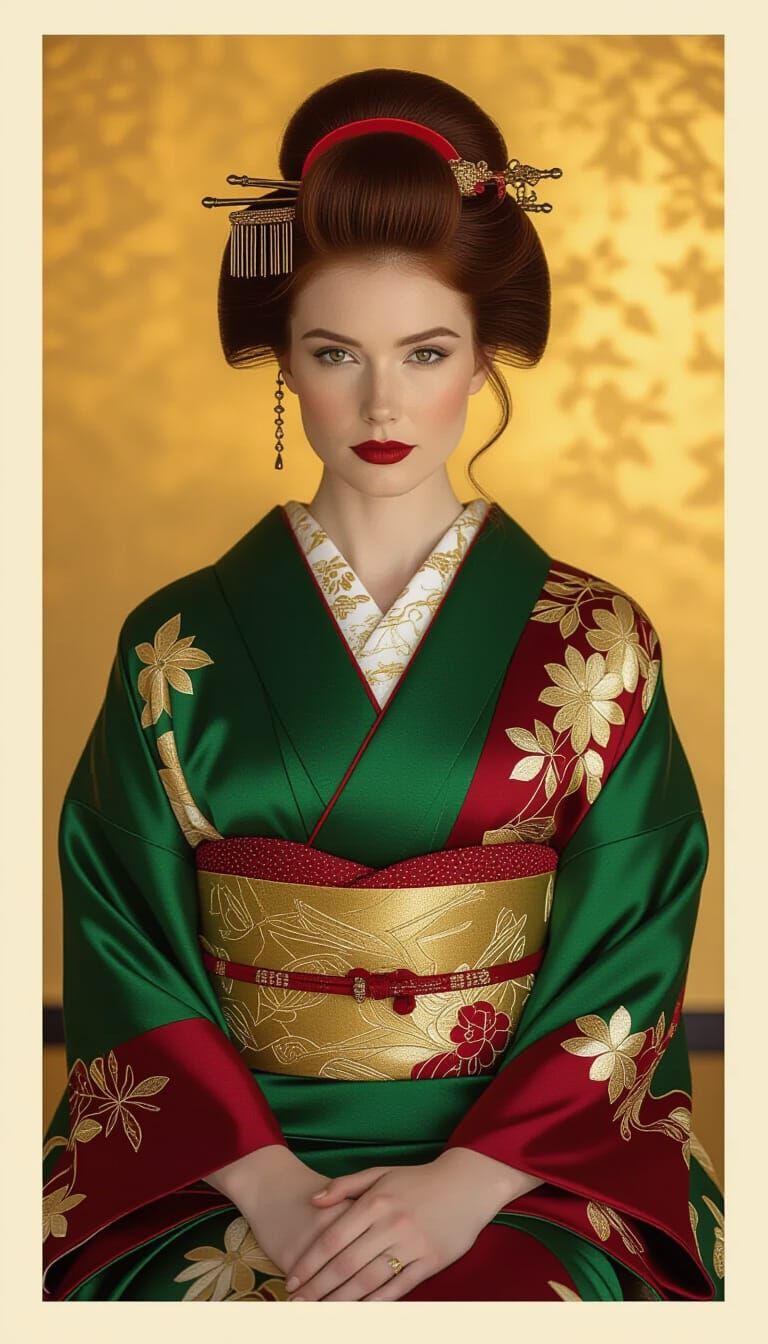Burgundy-Haired Woman in Kimono, Realistic Portrait