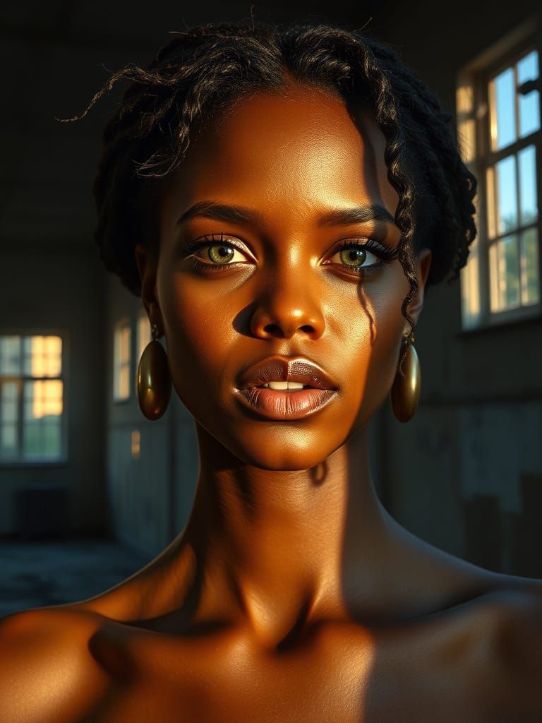 Sultry Goddess Radiates Confidence in Golden Light