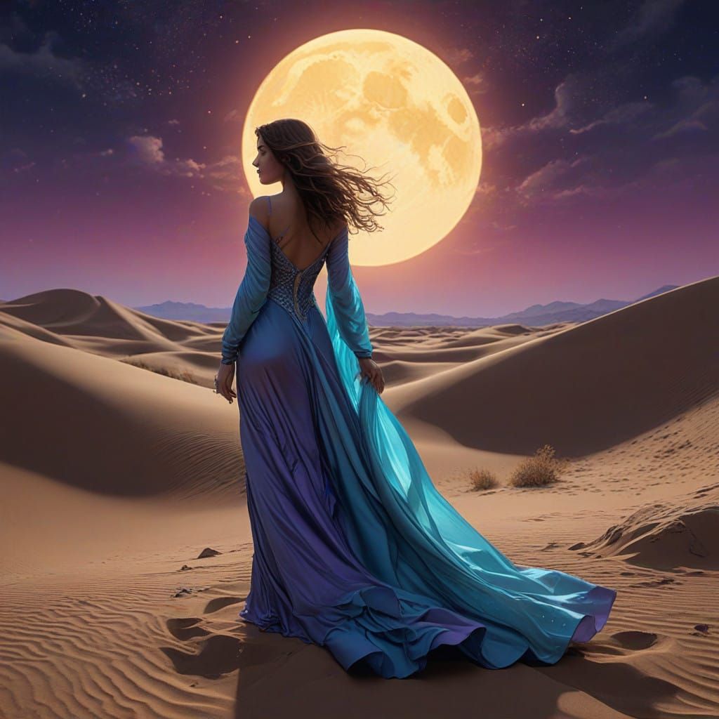 Ethereal Woman Walks Under Moonlit Night Sky with Glowing Fu...