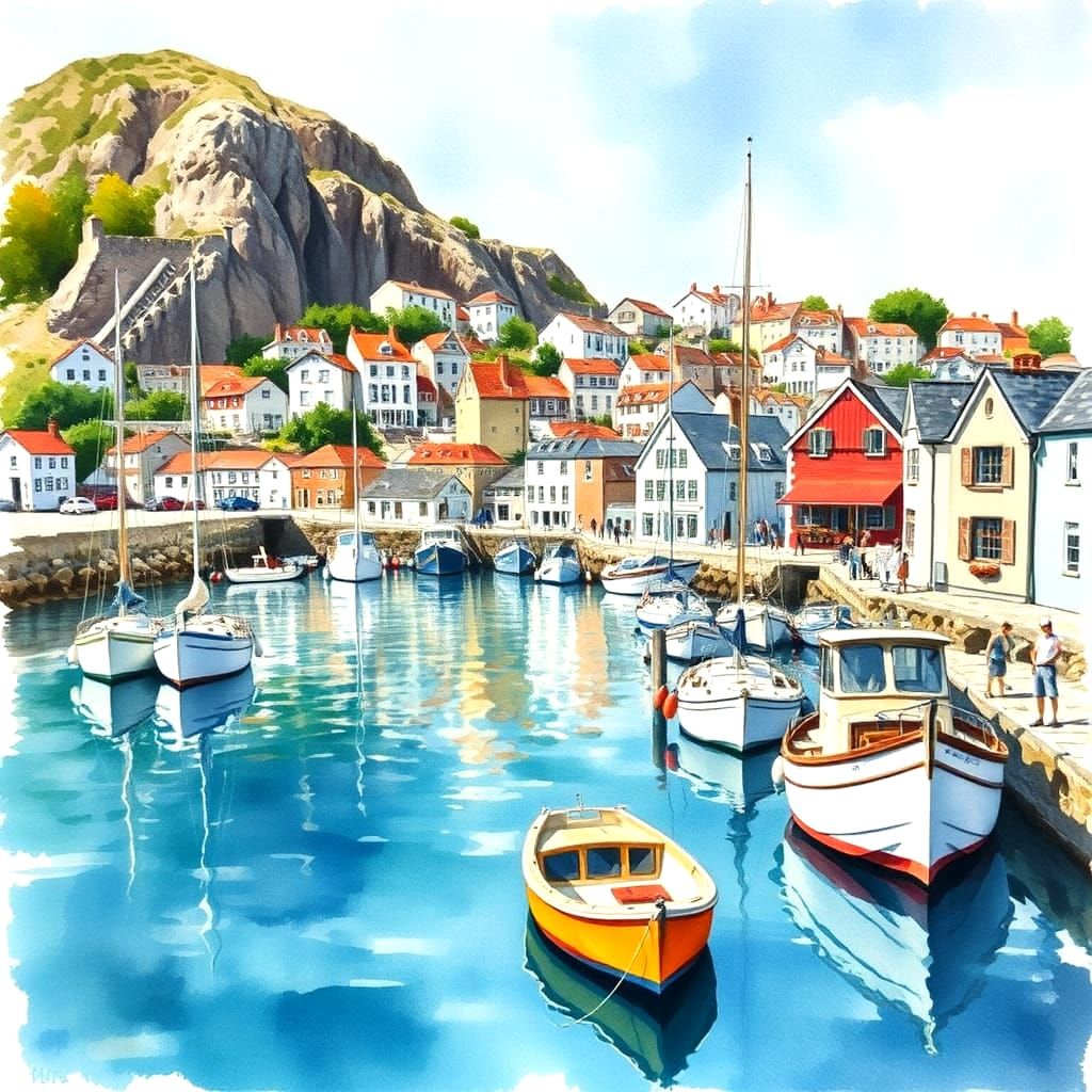Harmonious Coastal Village in Watercolor Style