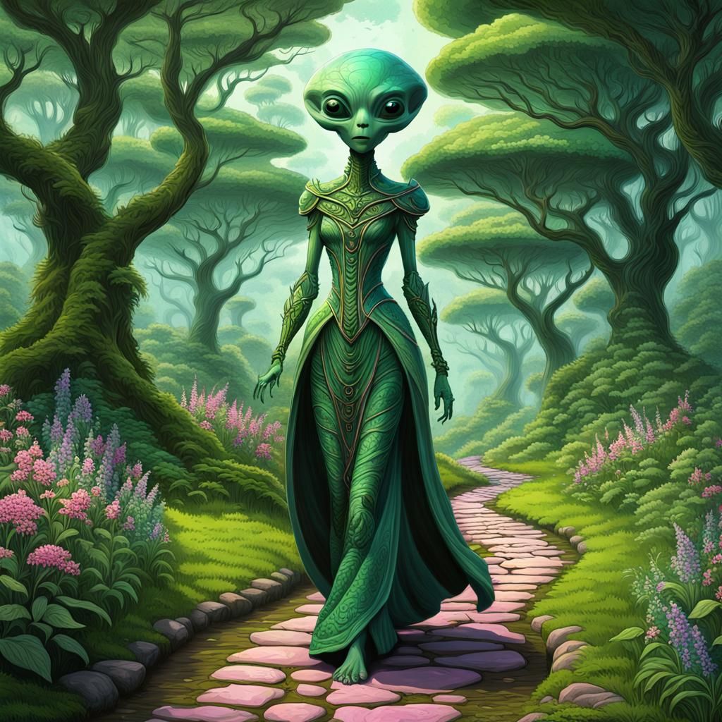 Green Victorian Alien in Lush Landscape