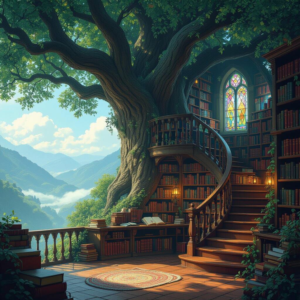 Hidden Tree Library with Glowing Crystals