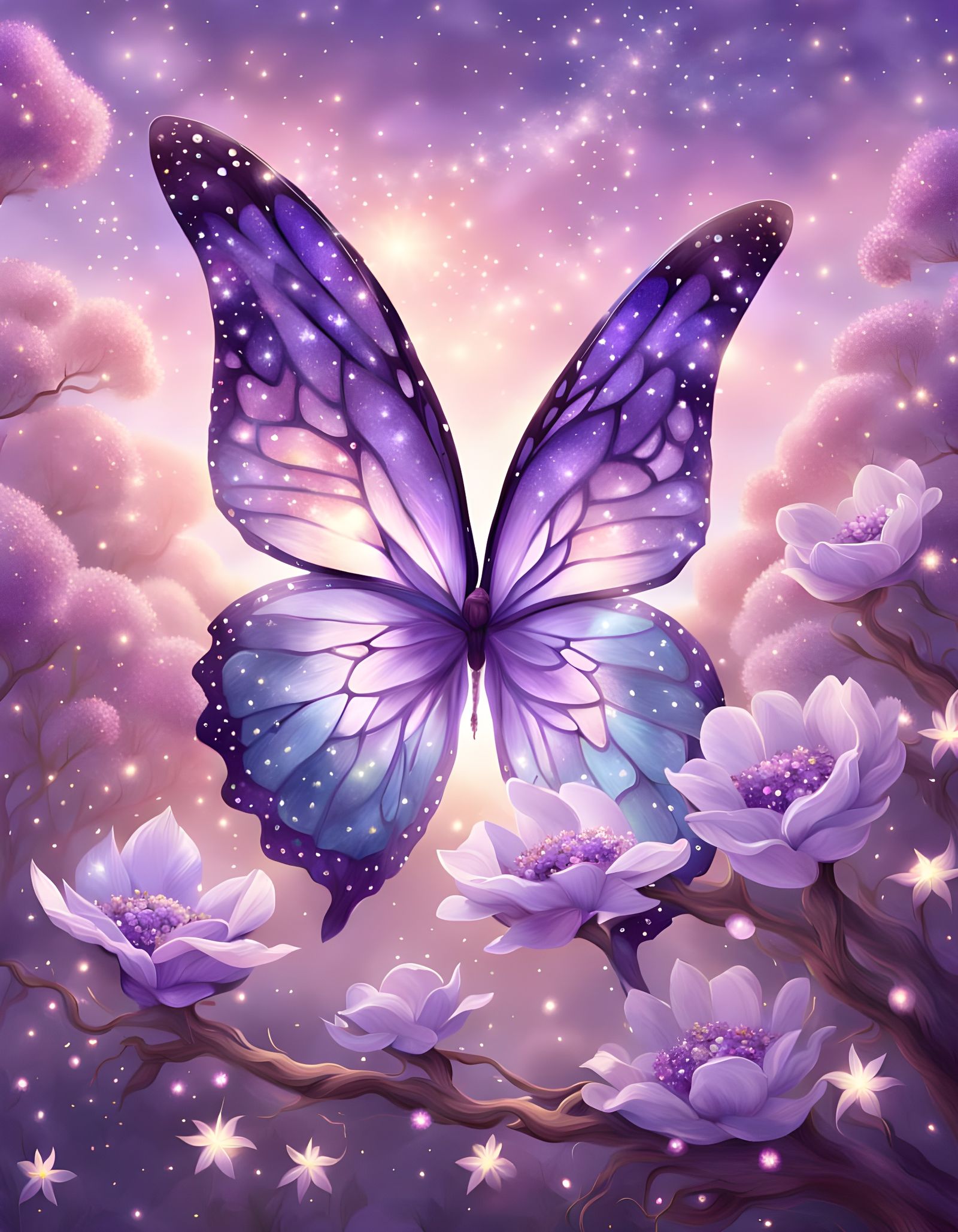 Amethyst Crystal Wings with Flowers in Fantasy Style
