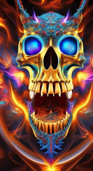 Opalescent Fire Skull in Psychedelic Fantasy Style