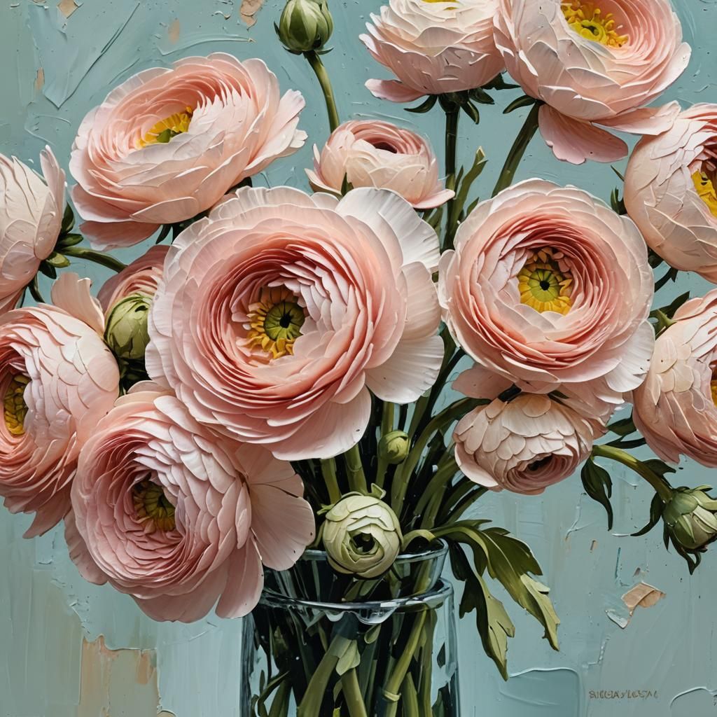 Blush Ranunculus in Vase with Impasto Texture